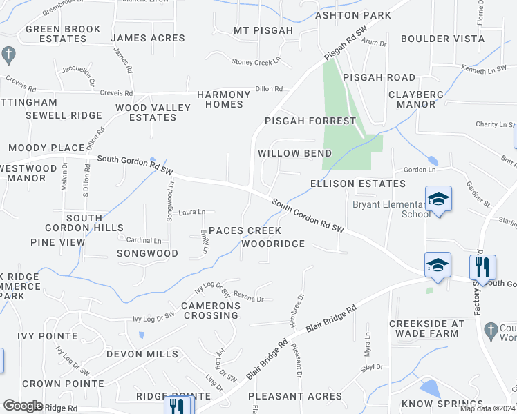 map of restaurants, bars, coffee shops, grocery stores, and more near 1171 South Gordon Road Southwest in Austell