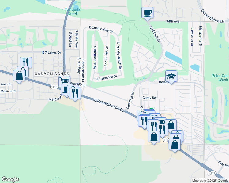 map of restaurants, bars, coffee shops, grocery stores, and more near 5300 East Waverly Drive in Palm Springs