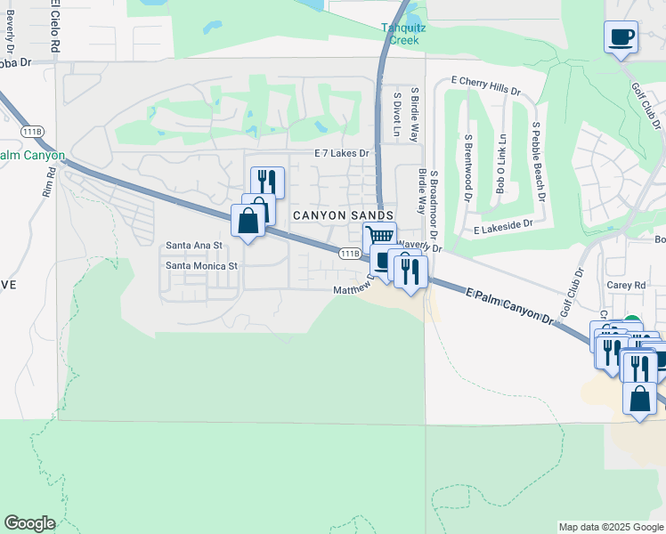 map of restaurants, bars, coffee shops, grocery stores, and more near 2632 Prairie Rose Lane in Palm Springs