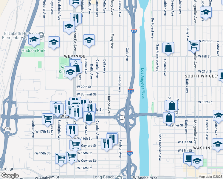 map of restaurants, bars, coffee shops, grocery stores, and more near 1980 Harbor Avenue in Long Beach