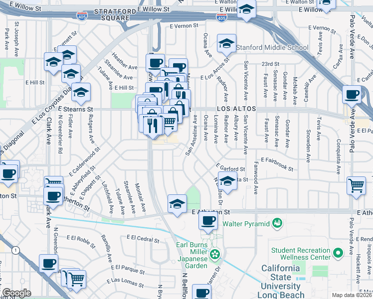 map of restaurants, bars, coffee shops, grocery stores, and more near 2109 San Anseline Avenue in Long Beach