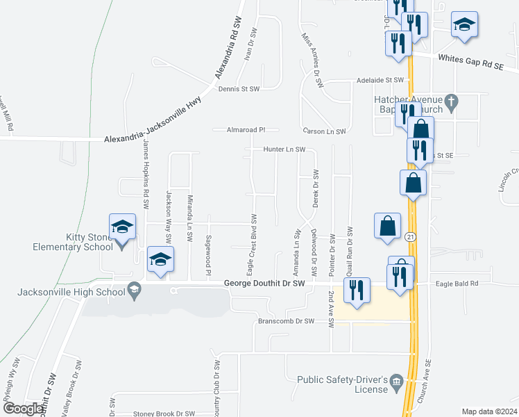 map of restaurants, bars, coffee shops, grocery stores, and more near 1194 Eagle Crest Boulevard Southwest in Jacksonville