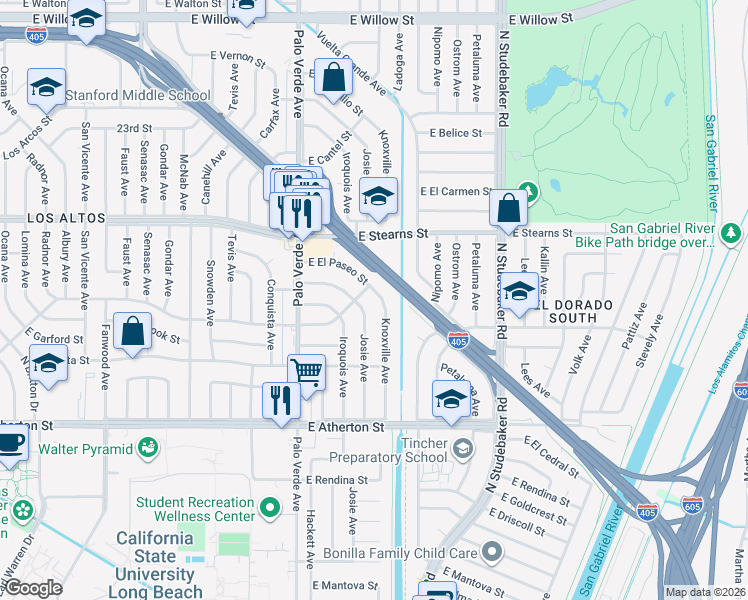 map of restaurants, bars, coffee shops, grocery stores, and more near 2041 Knoxville Avenue in Long Beach