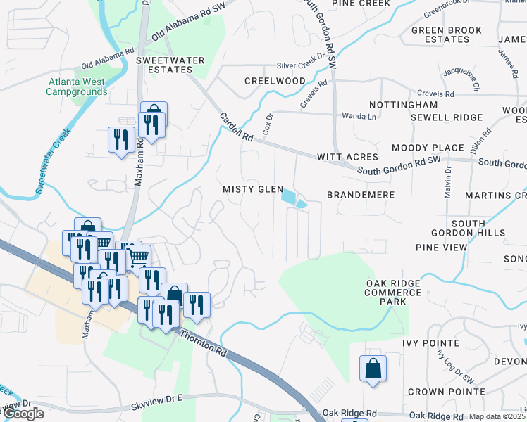 map of restaurants, bars, coffee shops, grocery stores, and more near 6703 Roscommon Drive in Austell