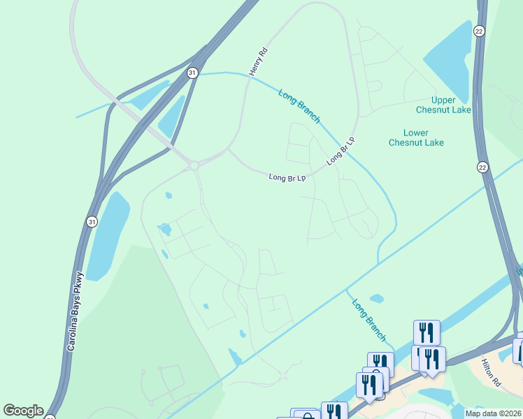 map of restaurants, bars, coffee shops, grocery stores, and more near 6764 Water Tower Road in Longs