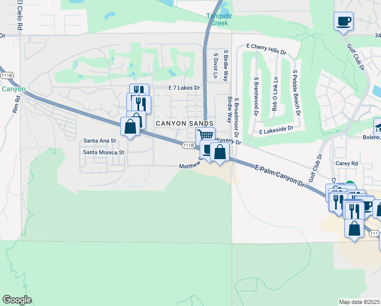map of restaurants, bars, coffee shops, grocery stores, and more near Maverick Lane in Palm Springs