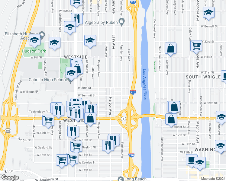 map of restaurants, bars, coffee shops, grocery stores, and more near 1998 Harbor Avenue in Long Beach