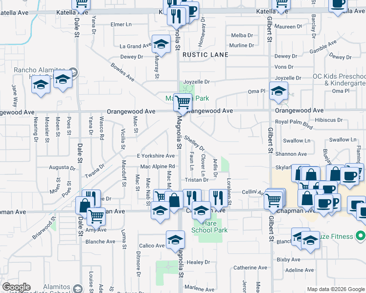 map of restaurants, bars, coffee shops, grocery stores, and more near 11642 Magnolia Street in Garden Grove