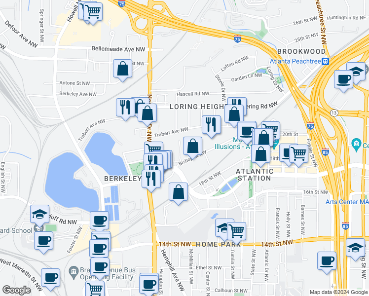 map of restaurants, bars, coffee shops, grocery stores, and more near 507 Bishop Street Northwest in Atlanta