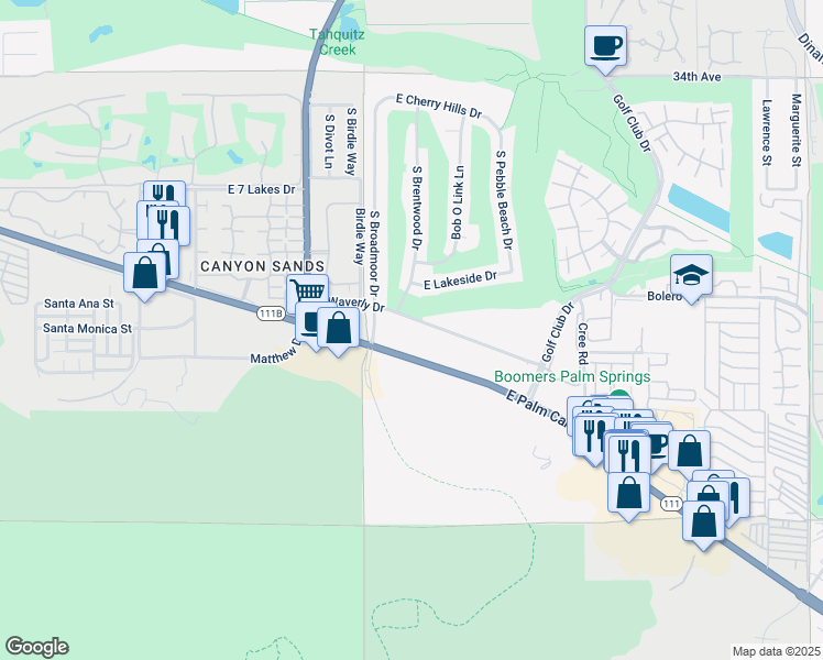 map of restaurants, bars, coffee shops, grocery stores, and more near 5175 East Waverly Drive in Palm Springs