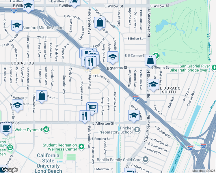 map of restaurants, bars, coffee shops, grocery stores, and more near 2050 Josie Avenue in Long Beach