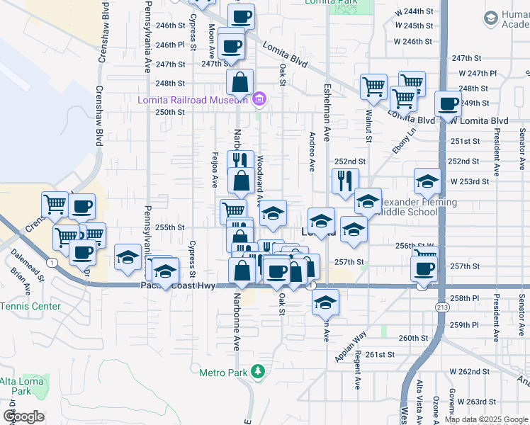 map of restaurants, bars, coffee shops, grocery stores, and more near 25364 Woodward Avenue in Lomita
