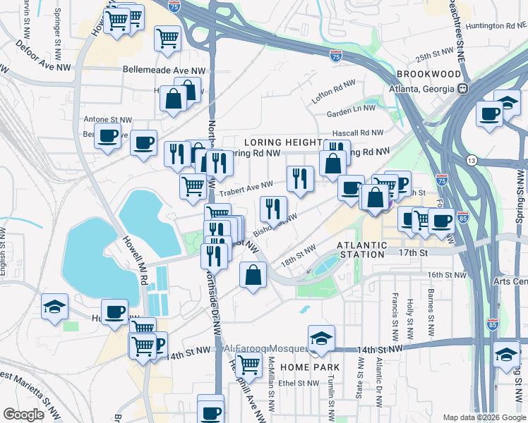 map of restaurants, bars, coffee shops, grocery stores, and more near 507 Bishop Street Northwest in Atlanta