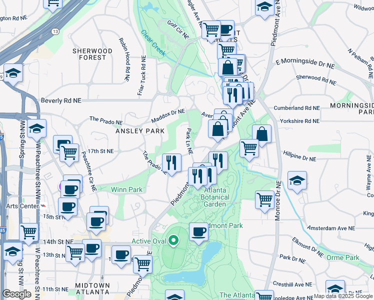 map of restaurants, bars, coffee shops, grocery stores, and more near 34 Park Lane Northeast in Atlanta