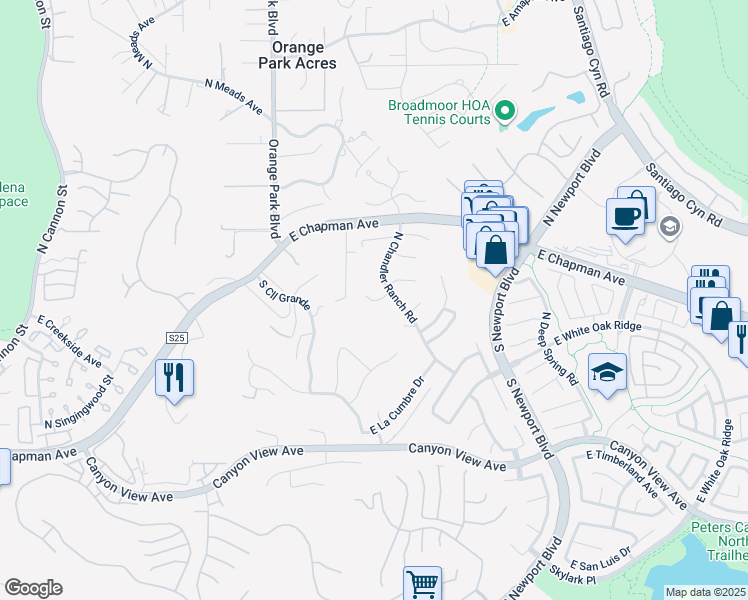map of restaurants, bars, coffee shops, grocery stores, and more near 380 North Chandler Ranch Road in Orange