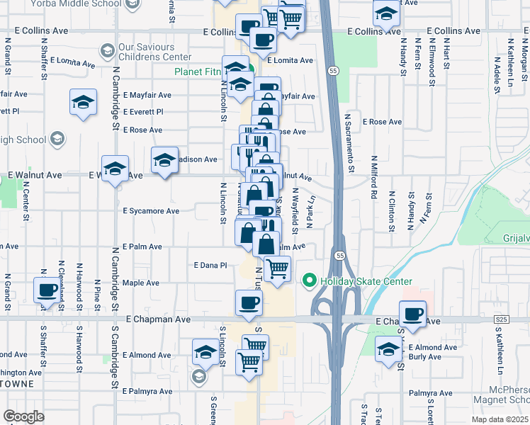 map of restaurants, bars, coffee shops, grocery stores, and more near 401 North Tustin Street in Orange