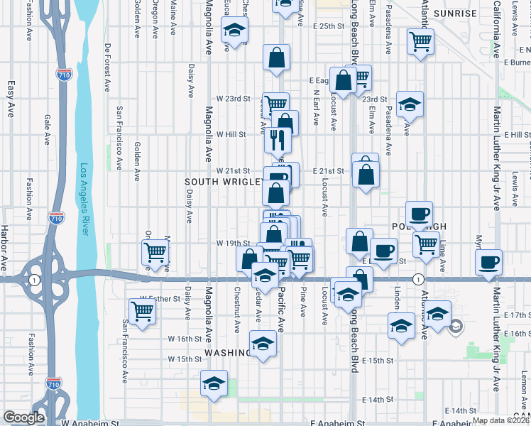 map of restaurants, bars, coffee shops, grocery stores, and more near 1980 Cedar Avenue in Long Beach