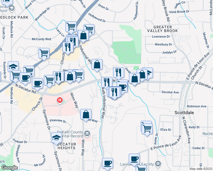 map of restaurants, bars, coffee shops, grocery stores, and more near 2855 North Decatur Road in Decatur