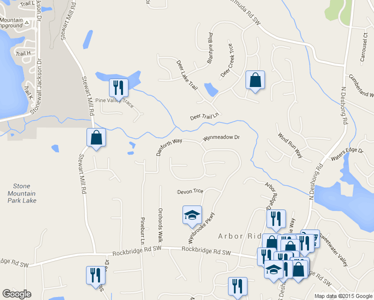map of restaurants, bars, coffee shops, grocery stores, and more near 6791 Danforth Way in Stone Mountain