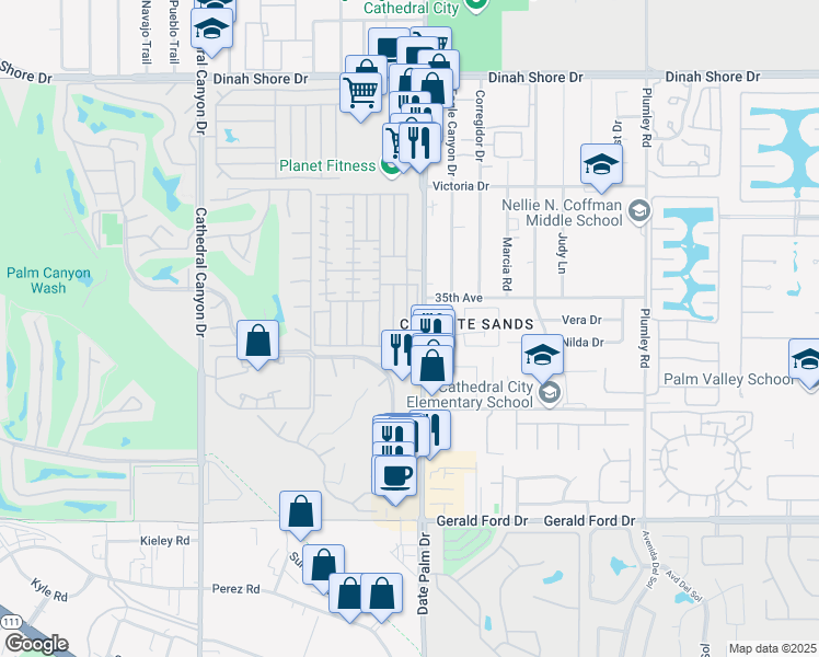 map of restaurants, bars, coffee shops, grocery stores, and more near 244 Standing Bear in Cathedral City