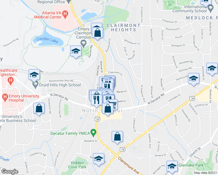 map of restaurants, bars, coffee shops, grocery stores, and more near 572 Emory Oaks Way in Decatur