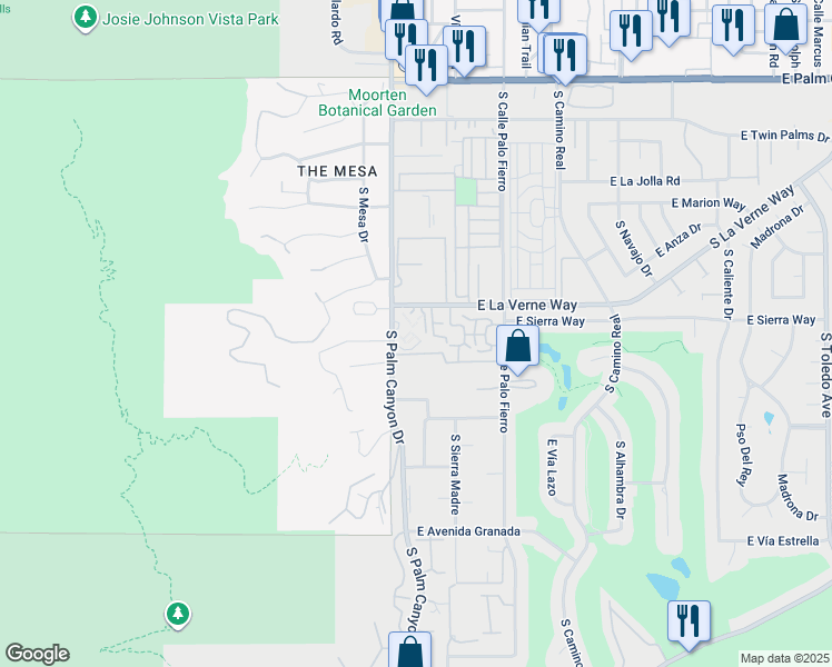 map of restaurants, bars, coffee shops, grocery stores, and more near 231 East La Verne Way in Palm Springs