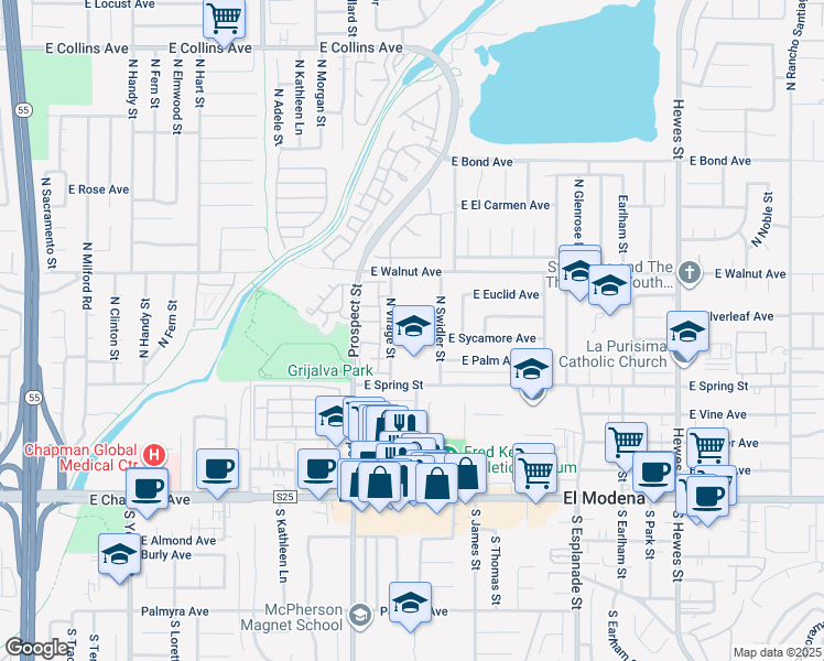 map of restaurants, bars, coffee shops, grocery stores, and more near 379 North Virage Street in Orange