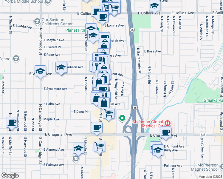 map of restaurants, bars, coffee shops, grocery stores, and more near 423 North Oak Street in Orange