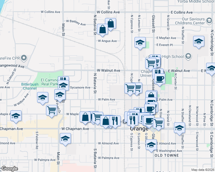 map of restaurants, bars, coffee shops, grocery stores, and more near 1138 Canfield Place in Orange