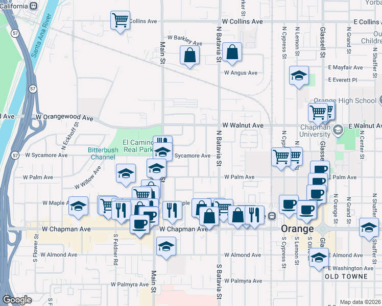 map of restaurants, bars, coffee shops, grocery stores, and more near 1116 West Cherry Drive in Orange