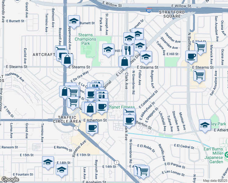 map of restaurants, bars, coffee shops, grocery stores, and more near 2051 North Beverly Plaza in Long Beach
