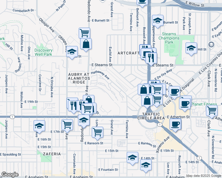 map of restaurants, bars, coffee shops, grocery stores, and more near 3608 Hathaway Avenue in Long Beach