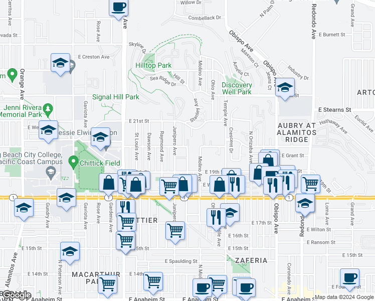 map of restaurants, bars, coffee shops, grocery stores, and more near 2493 East 20th Street in Signal Hill