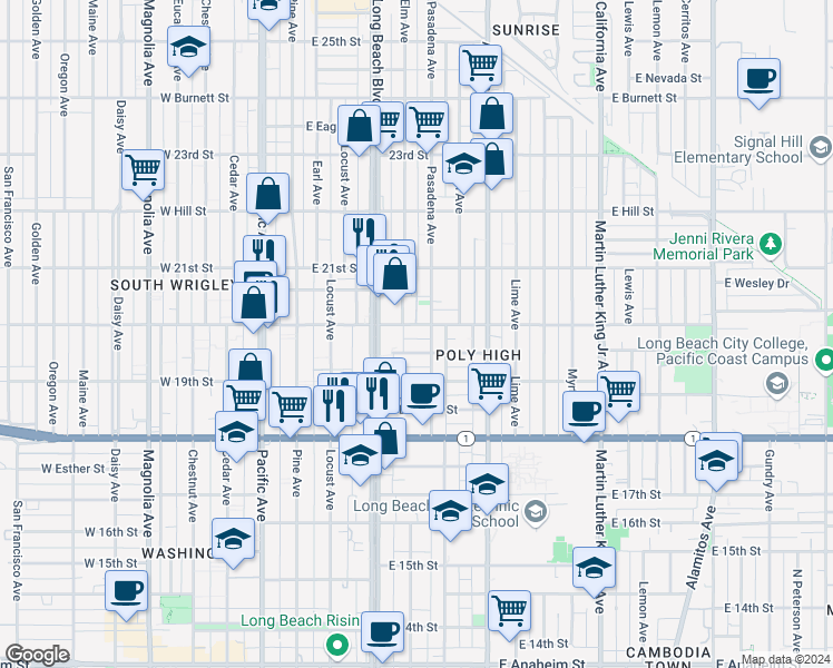 map of restaurants, bars, coffee shops, grocery stores, and more near 405 East 20th Street in Long Beach
