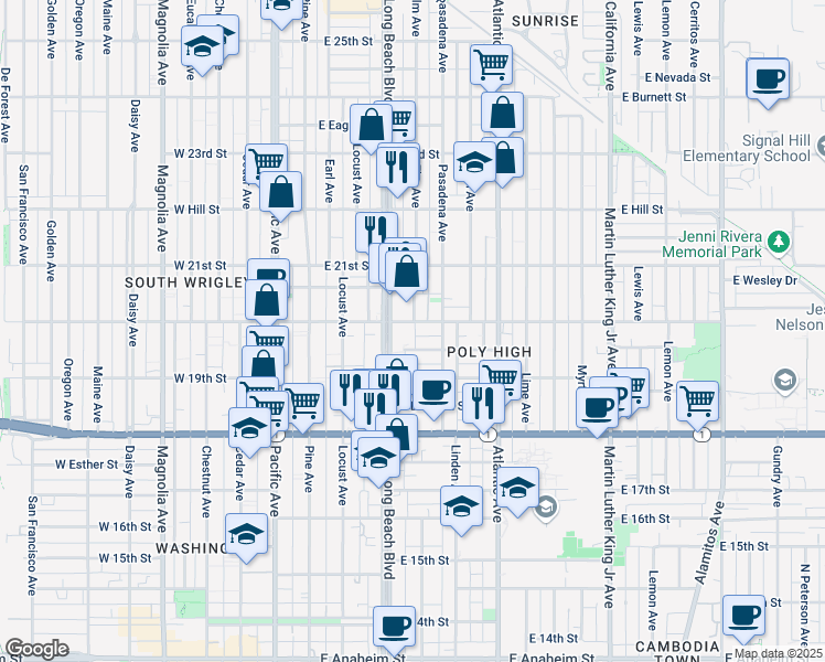 map of restaurants, bars, coffee shops, grocery stores, and more near 405 East 20th Street in Long Beach