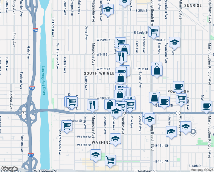 map of restaurants, bars, coffee shops, grocery stores, and more near 311 West 20th Street in Long Beach