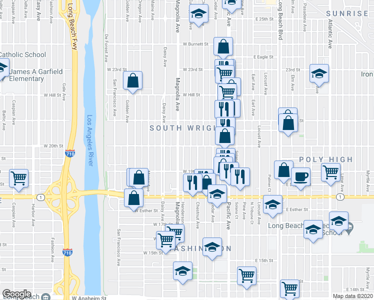 map of restaurants, bars, coffee shops, grocery stores, and more near 400 West 20th Street in Long Beach