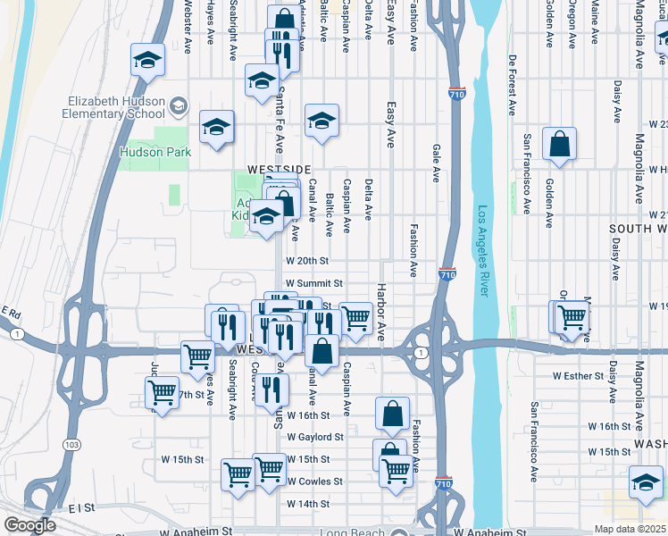 map of restaurants, bars, coffee shops, grocery stores, and more near 1552 West 20th Street in Long Beach