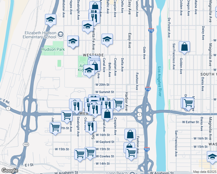 map of restaurants, bars, coffee shops, grocery stores, and more near 1552 West 20th Street in Long Beach