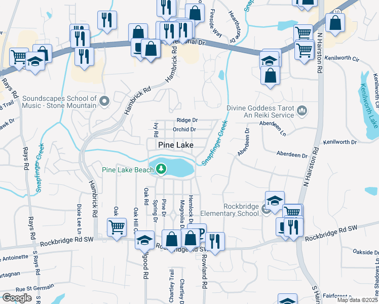 map of restaurants, bars, coffee shops, grocery stores, and more near 4624 Park Drive in Pine Lake