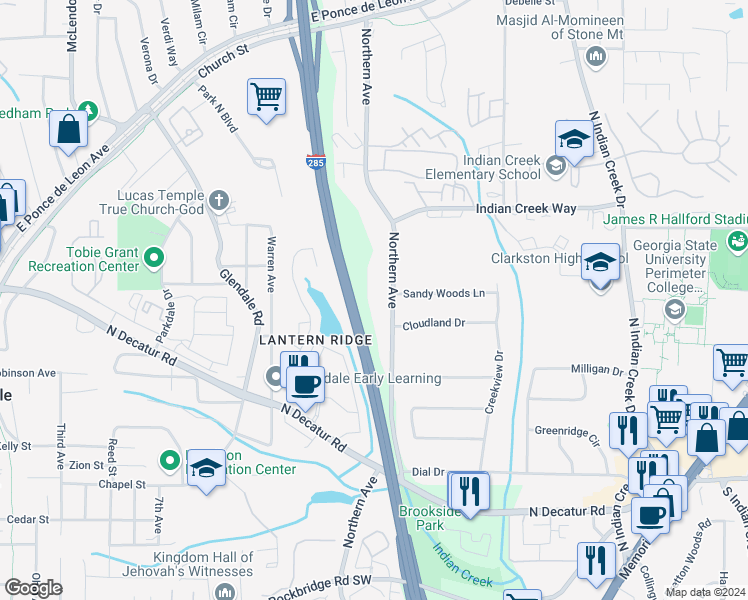 map of restaurants, bars, coffee shops, grocery stores, and more near 600 Northern Avenue in Clarkston
