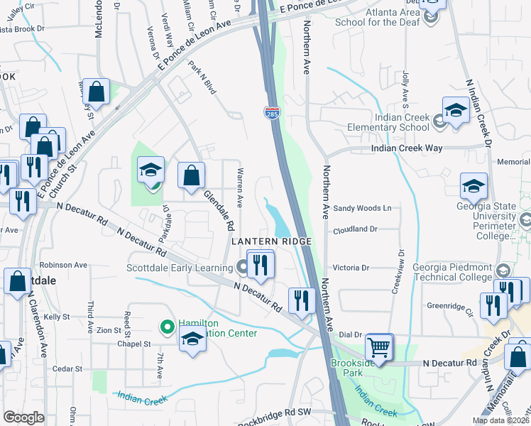 map of restaurants, bars, coffee shops, grocery stores, and more near 3450 Lantern View Lane in Scottdale