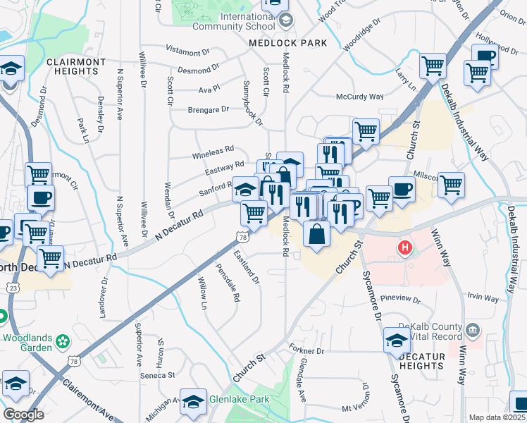 map of restaurants, bars, coffee shops, grocery stores, and more near 1486 Scott Boulevard in Decatur