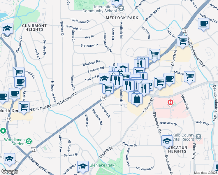 map of restaurants, bars, coffee shops, grocery stores, and more near 2477 North Decatur Road in Decatur