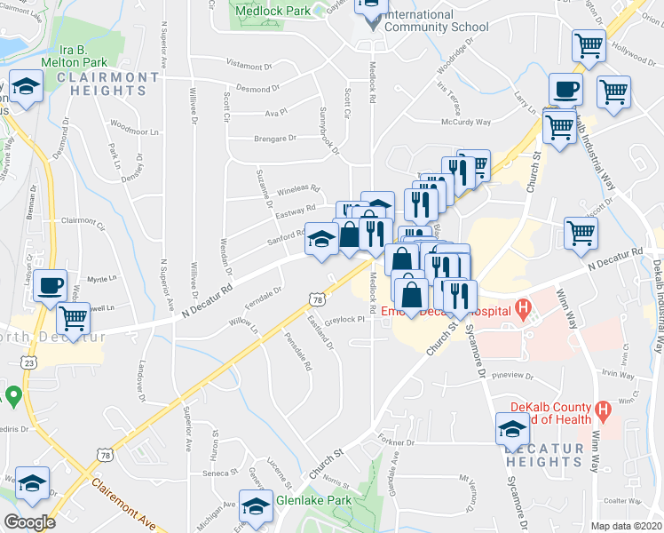map of restaurants, bars, coffee shops, grocery stores, and more near 2453 North Decatur Road in Decatur