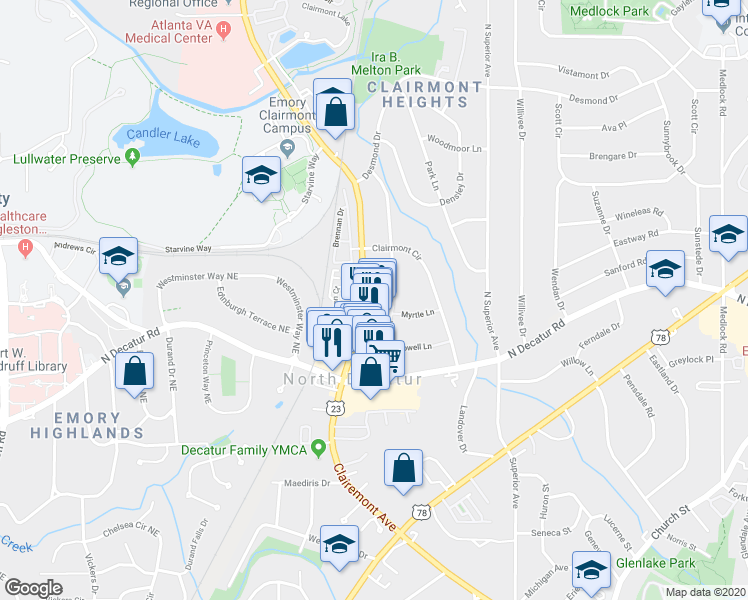 map of restaurants, bars, coffee shops, grocery stores, and more near 585 Emory Oaks Way in Decatur