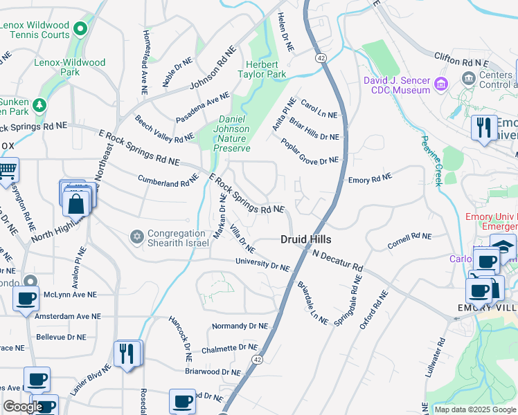 map of restaurants, bars, coffee shops, grocery stores, and more near 1360 Edmund Court in Atlanta