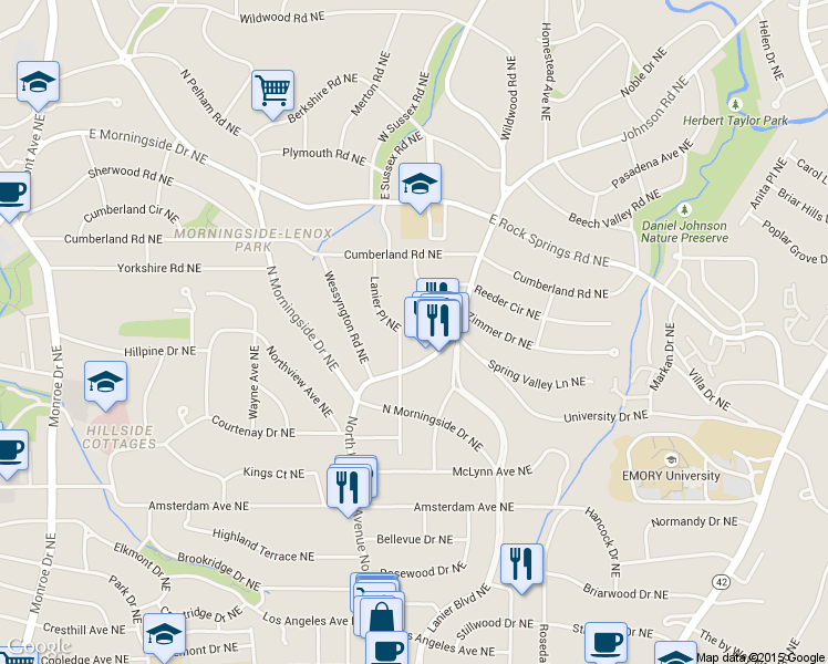 map of restaurants, bars, coffee shops, grocery stores, and more near 1063 High Point Drive Northeast in Atlanta