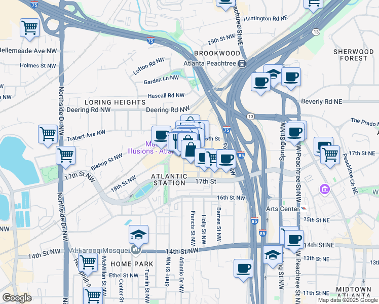 map of restaurants, bars, coffee shops, grocery stores, and more near 264 19th Street Northwest in Atlanta