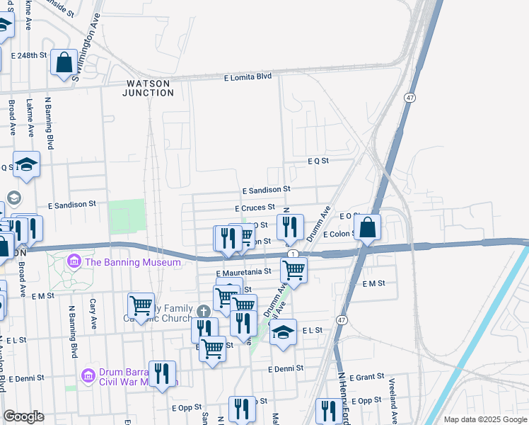 map of restaurants, bars, coffee shops, grocery stores, and more near 1402 East Cruces Street in Los Angeles